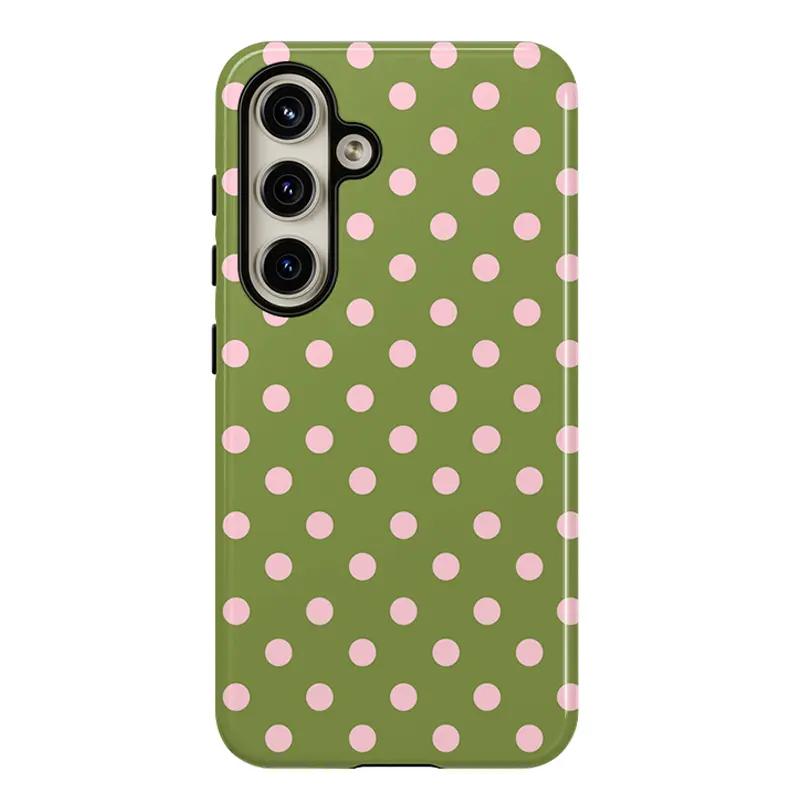 Olive Green with Pink Polka Dots Phone Case,Shockproof Rugged Cover Dual Layer Soft TPU Hard Bumper Shell for Samsung S26 S25 S24 S23 S22 S21 NOTE20 Ultra A71 A56 A36 Plus FE A06 A13 A14 A15 A16 A23 A25 A26 A34  A52 A53 A54 A55 S25edge Aesthetic Style
