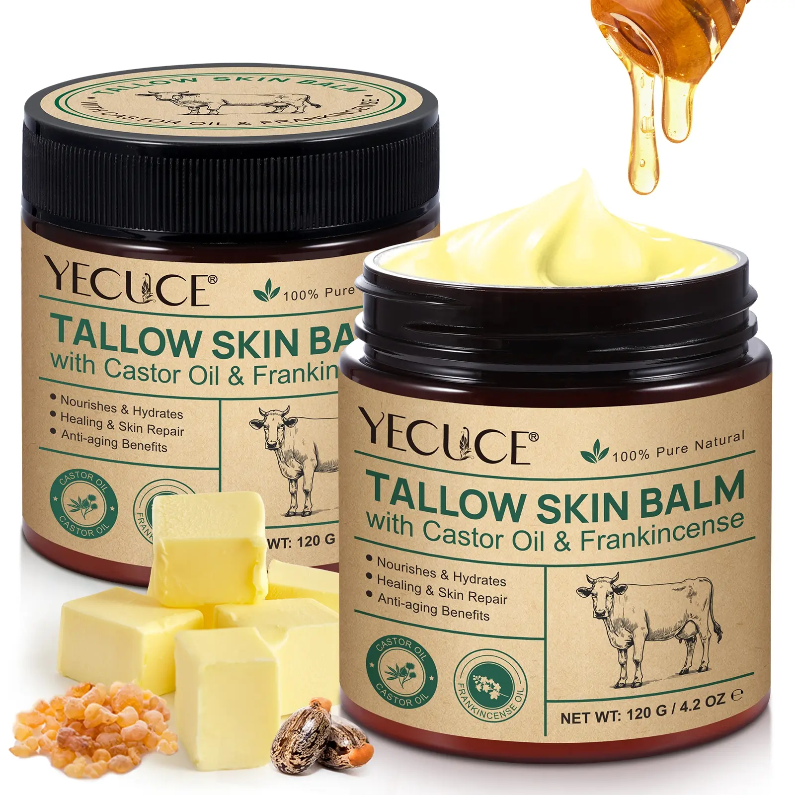 TALLOW SKIN BALM Beef Tallow Balm 120g, 2-Pack Enriched with shea butter, castor oil, frankincense oil, and more Triple-action skincare Intensive Nourishing Skin moisturizer Frankincense Body Balm Daily Moisture Nourishing Moisturizing Cream