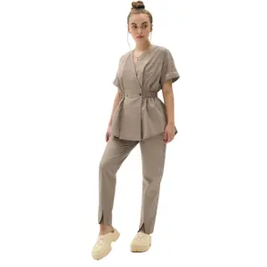 Two-Piece Cotton Luna Scrubs Women's Set Sandy Color -High quality V-Neck Scrub Top and Pants with two Pockets each Womenswear