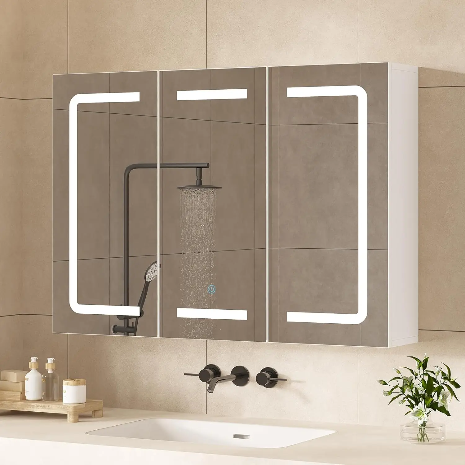 Hasuit Medicine Cabinet Organizer with Mirror, Lighted Bathroom Medicine Cabinet with Storage, 3 Doors Bathroom Wall Cabinet with LED Lights, Adjustable Shelves & Outlets, 31.5'' x 23.6'', White