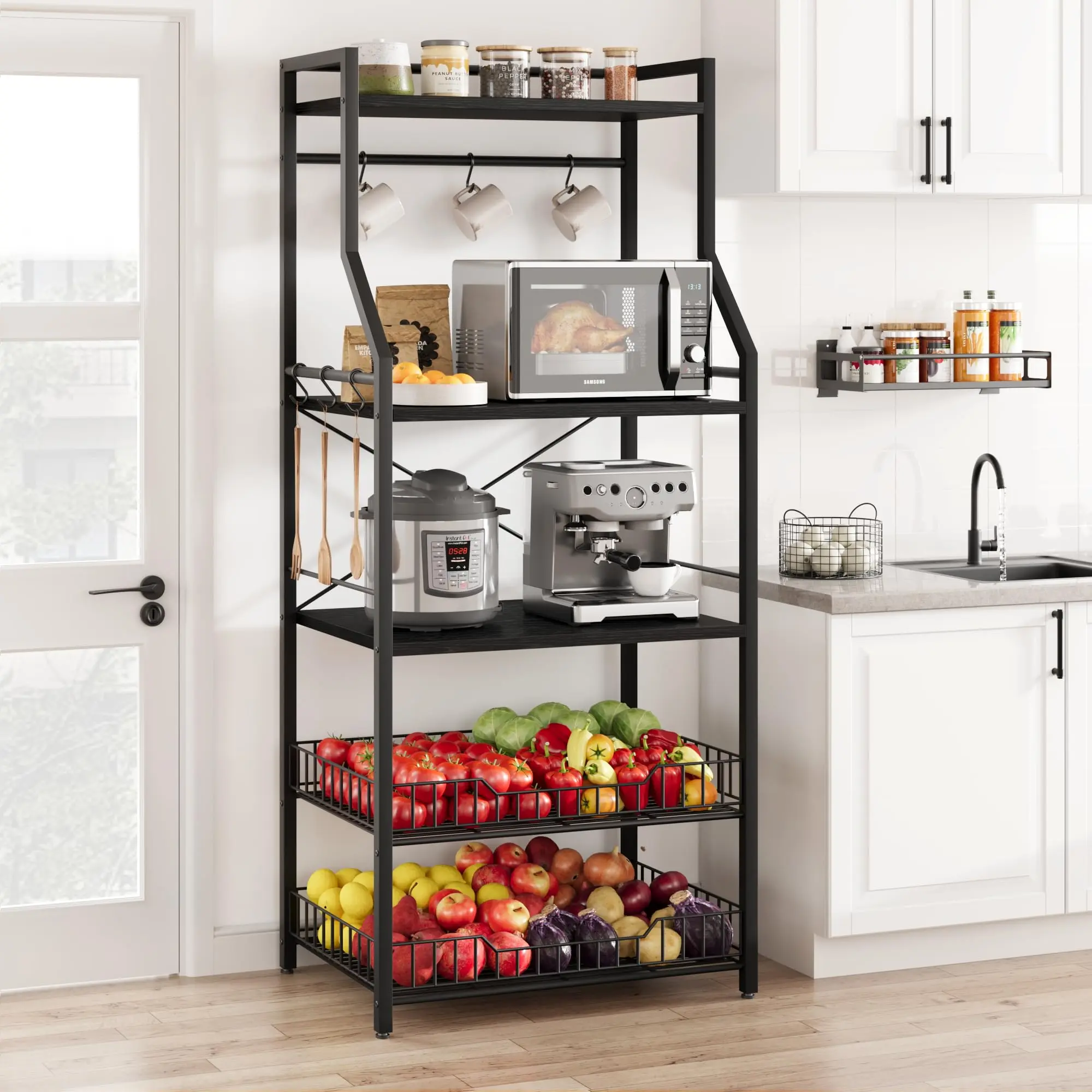 【GARVEE】Kitchen Bakers Rack and Microwave Stand with 5-Tier Storage Shelves, 2 Large Wire Baskets, 8 Hooks, Industrial Coffee Bar Station Design, Adjustable Feet, Anti-Tip Kit, Available in Multiple Colors