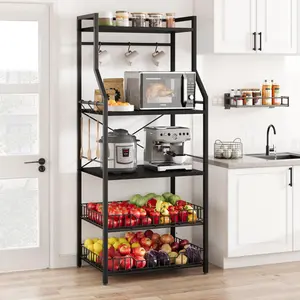【GARVEE】Kitchen Bakers Rack and Microwave Stand with 5-Tier Storage Shelves, 2 Large Wire Baskets, 8 Hooks, Industrial Coffee Bar Station Design, Adjustable Feet, Anti-Tip Kit, Available in Multiple Colors