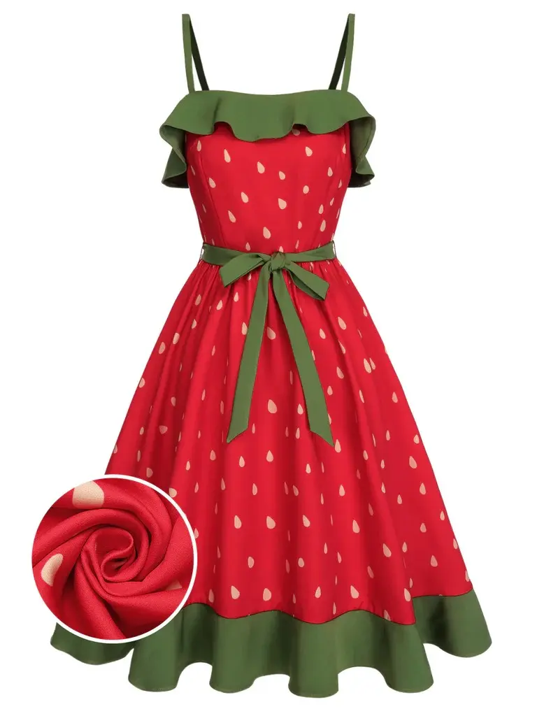 RETRO STAGE Women's 1950s Strawberry Print Spaghetti Strap Dress - Belted Boho Style Outfit, Summer Festival Fit, Casual Dresses, Cute, Elegant, Back Zipper, 1950S Vintage Style Casual Dresses
