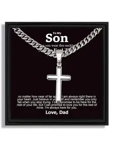 1 piece silver cross pendant Cuban Link Chain necklace for Valentine's Day and birthday gift suitable for son with blessing card and box