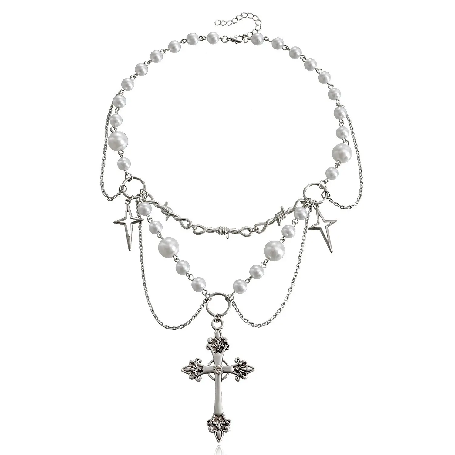Women's Adjustable Double-Stacked Artificial Pearl Decorative Choker Necklace - Alloy Chain, 2000s Vintage Heart Pendant, Fairy-Inspired Cottagecore Retro Female Jewelry