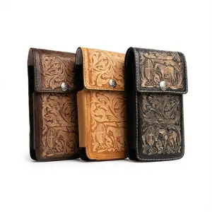 Western Leather Phone Belt Holster Tooled Distressed Cowboy Case Universal Fit with Embossed Cowboy Praying at Cross Artwork for Most Smartphones