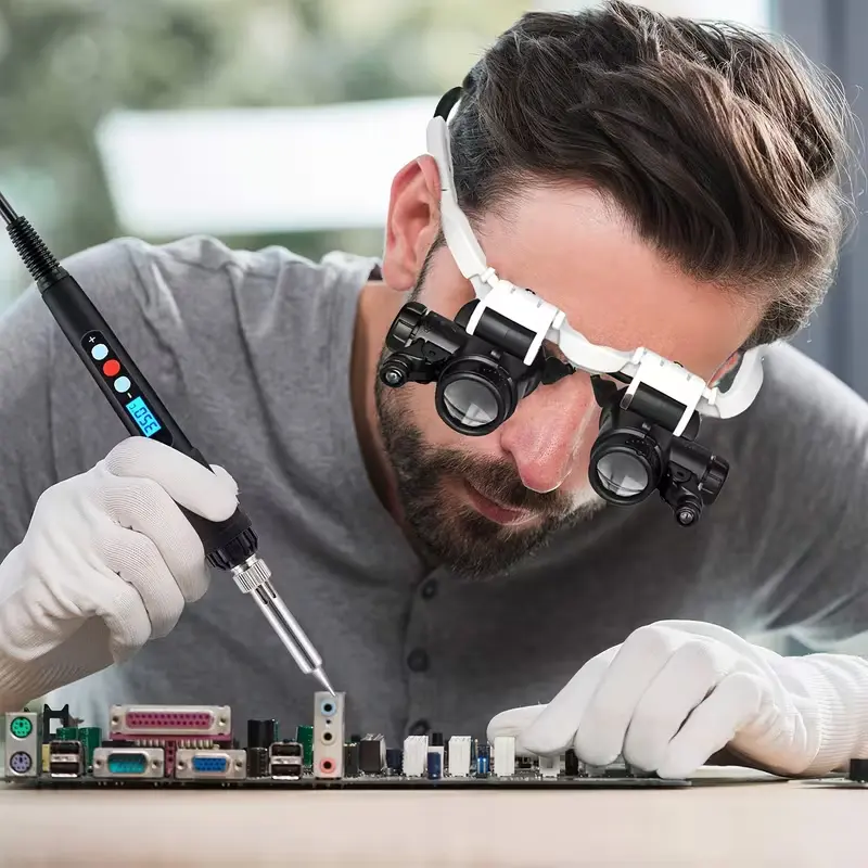 Head Mounted Magnifier with 2 LED Lights, 8 Interchangeable Lenses (8X-15X-23X-25X), Battery Powered, Durable & Lightweight, Adjustable Fit, Fits Over Eyewear, Extended Wear, for Embroidery, Painting Miniatures
