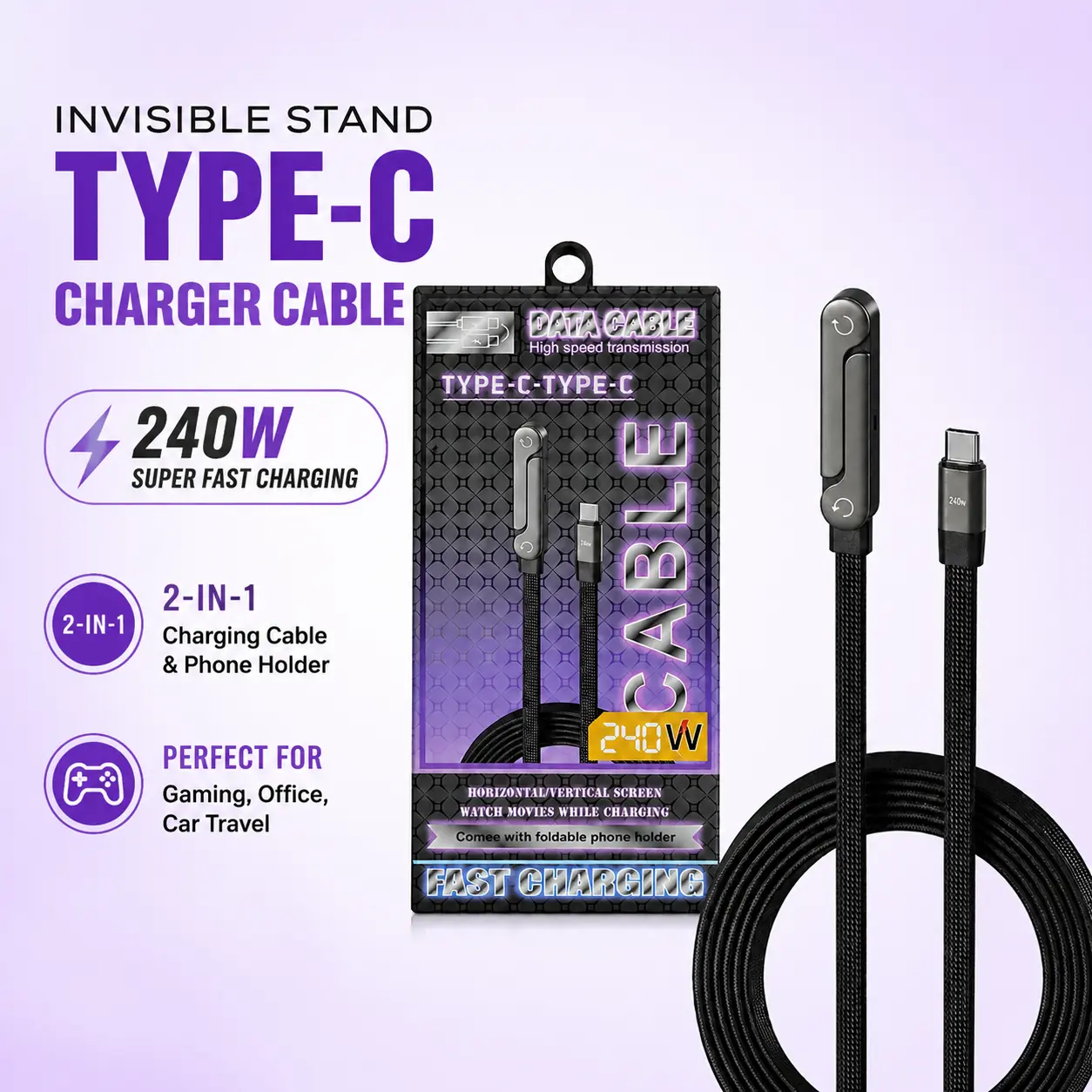 240W Super Fast Charging 2-in-1 Invisible Holder Plug Cable - Smartphone Stand Charger, Compatible with iPhone, Samsung, Type-C Devices, for Gaming, Car Travel (Black)