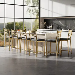 6 pack trendy gold finished counter height bar stools, 26 inch metal high chairs with linear backrest and water resistant thick PU cushions, practical seating for kitchen island bar and dining space | KitchenBarStools
