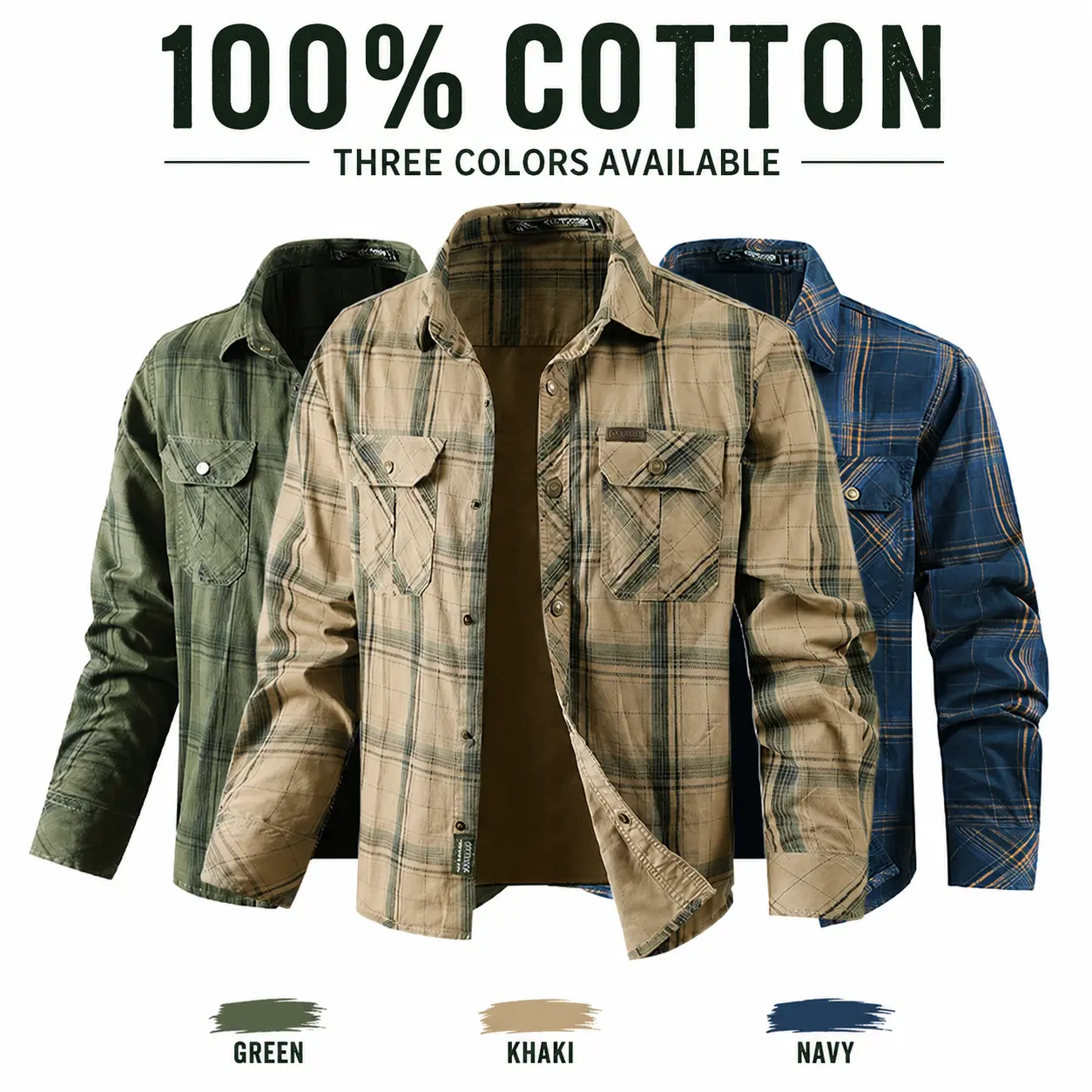 Men's 100% Cotton Plaid Long-Sleeve Shirt Jacket - Menswear Button-Down Collar Basic Top, Casual Workwear Flannel with Pocket, All Seasons, 3 Colors Available (Oxford), Checked Print, Workwear Ready, Oxford Fabric, Retro