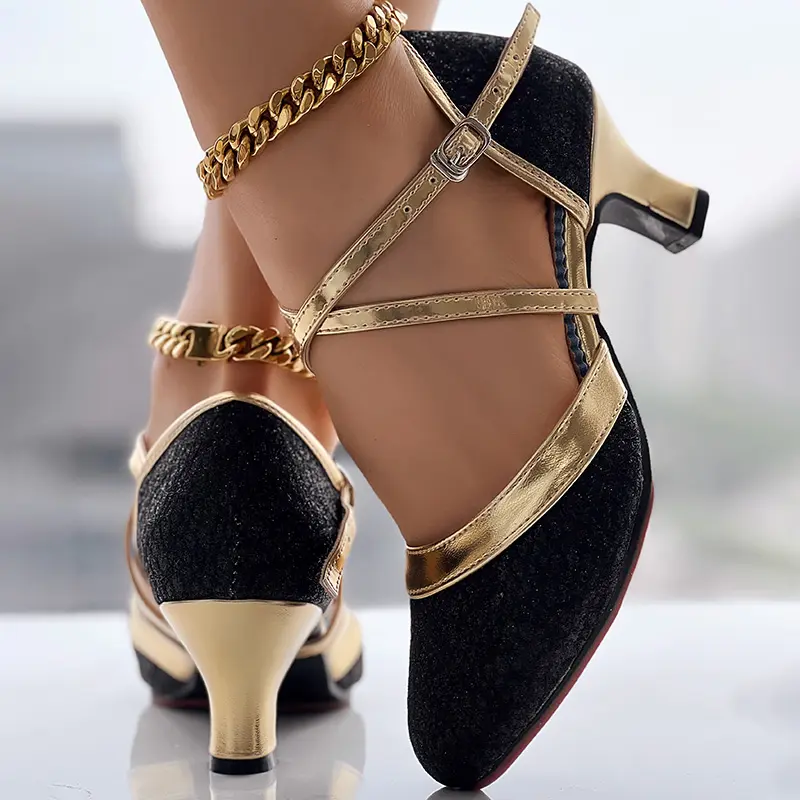 Glitter Cross Strap Buckled Latin Dance Pumps