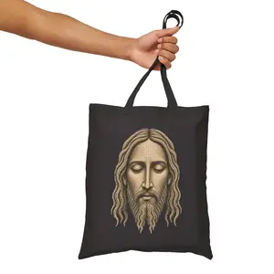 Jesus Face Illustration Tote Bag | Gothic Script Religious Quote Tote