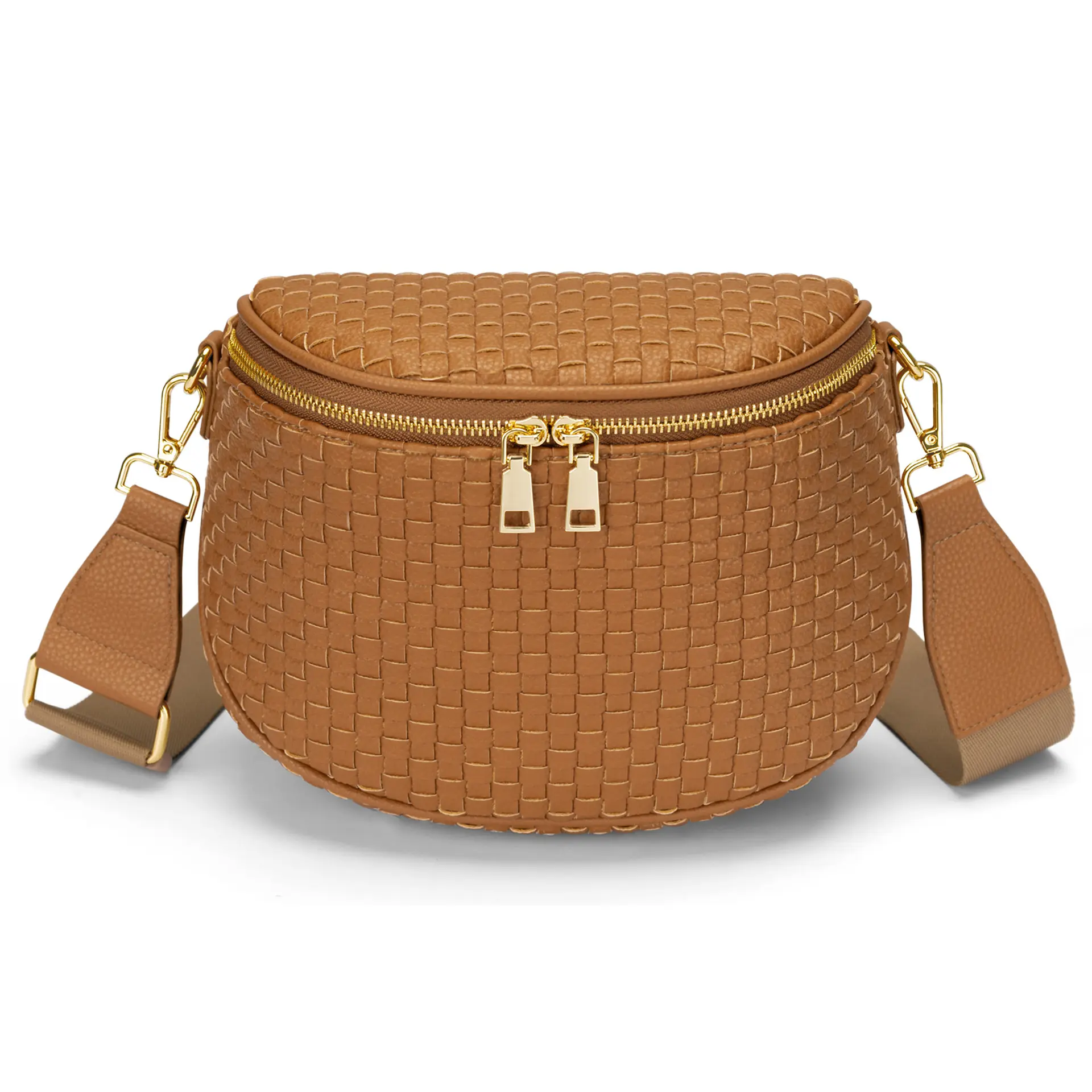 PU woven saddle crossbody bag, half-round shoulder/crossbody bag, chest bag, fanny pack, multifunctional crossbody bag with adjustable wide straps, portable commuter shoulder bag, retro stylish design, structured everyday commuting bag.