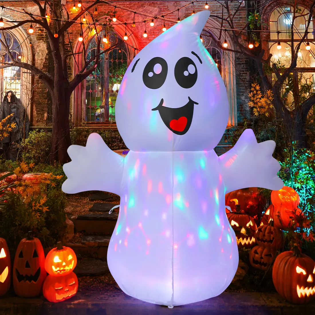 GOOSH 5 FT Halloween Decor Inflatable Outdoor Cute Ghost with Magic Light, Blow Up Yard Decoration with LED Lights Built-in for Holiday/Party/Yard/Garden Ornaments Spooky Set