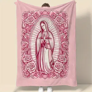 1 Piece Cozy Pink Virgin Mary Blanket-Super Soft Velvet with Floral Pattern, Perfect Gift for Mom, Grandma, Birthday and Valentine's Day, Perfect for Sofa, Bed, Travel and Living Room, multifunctional Blanket | Floral Blanket |   Plush Texture,Meditation