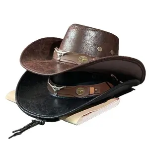 Unisex Adjustable Western Cowboy Hat - Cracked Cow Head Vintage Design, Concave Top, Black Interior, Decorative Strap, Ideal for Outdoor Travel
