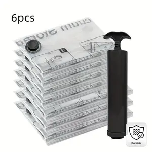 6pcs Space-Saving Vacuum Storage Bags with 1pc Hand Pump - Airtight Compression Seal for Clothes, Bedding, Pillows, Quilts, Blankets - Durable Plastic, Multi-Purpose, Multifunctional Storage Bag, No Electricity Needed, Home Organize
