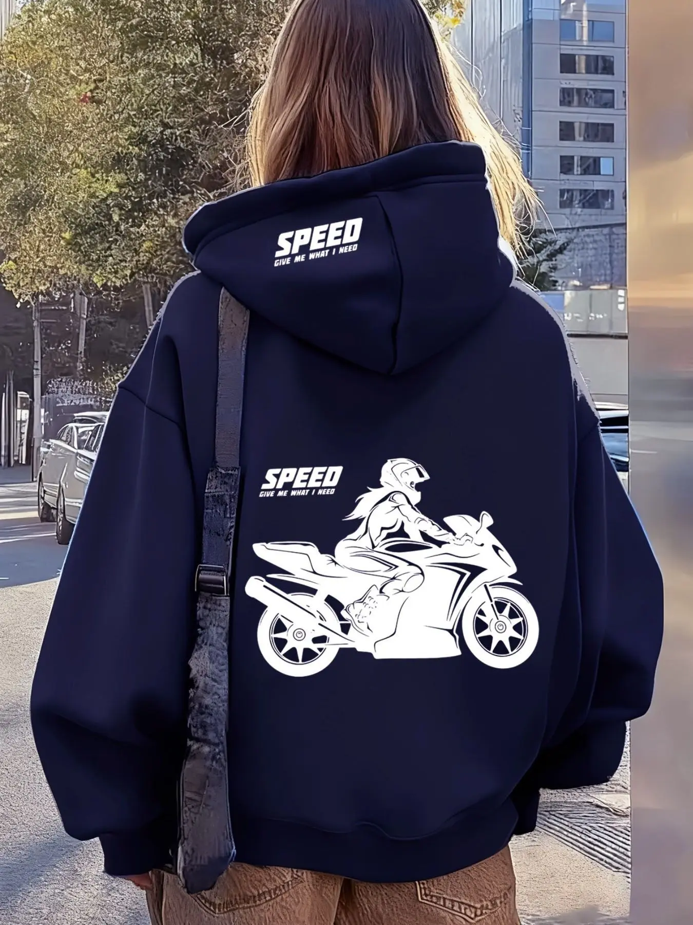 Motorcycle Theme Printed Drop Shoulder Hoodie, Fashion Casual Pocket Long Sleeve Hooded Sweatshirt, Suitable for Daily Wear, Holiday & Outdoor Use