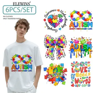 6 Pcs Autism Awareness Gold Foil DTF Transfer DIY Craft for Tshirt Hoodie Jeans Backpack Pillow Machine Washable Plastic Stickers Heart Festival Gift Unisex