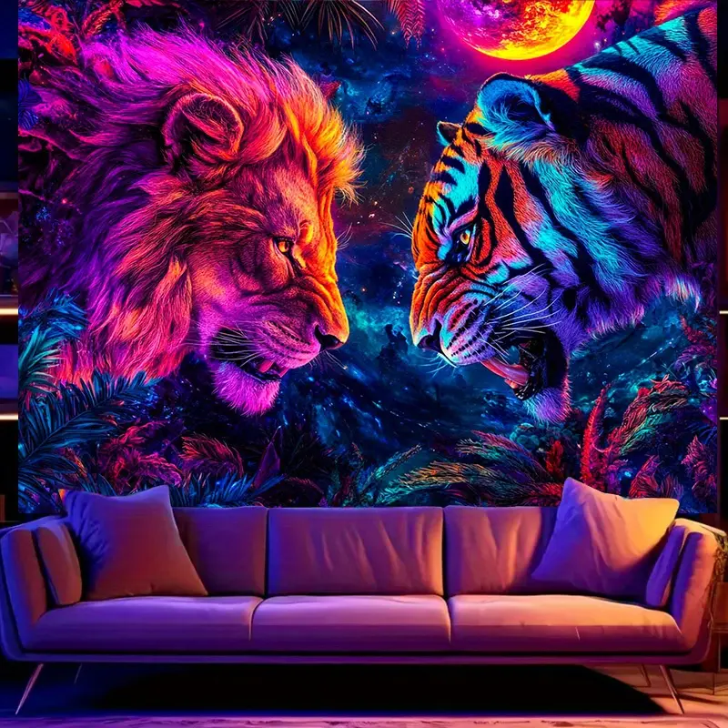 UV Blacklight Reactive Velvet Lion & Tiger Tapestry - Tropical Foliage, Cosmic Design, Fluorescent Decor for Living Room Indoors, No-Electricity Glowing Fabric Home Decor Banner