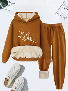 Women's Cartoon Print Sweatshirt & Drawstring Waist Pants Two-piece Set, Casual Long Sleeve Hooded Pullover & Pocket Trousers for Fall & Winter, Ladies Clothes for Daily Wear