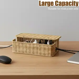 Handwoven Rattan Desktop Cable Management Box Cover, Plastic Wire Organizer, Hidden Socket Plug Box, Natural Look Workspace Solution, Cord Organizer
