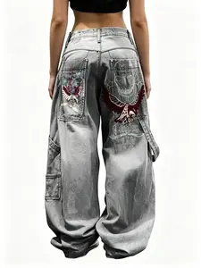 Jeans For Women Distressed Eagle-Head Skull Embroidery High-Waisted Loose-Fit Workwear Retro Y2k Goth-Style Pants Hip-Hop Punk Casual Bottoms—Perfect For Everyday Wear Nightclub Parties And Street Style Outfits