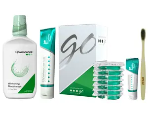 Opalescence Go Teeth Whitening Kit 15% Hydrogen Peroxide 7 Treatments with Sensitive Toothpaste 4.7 oz and 1 oz Travel Size plus Alcohol Free Mouthwash & Toothbrush