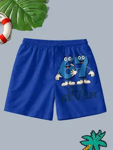 Boys' Blue Cartoon Number Print Beach Shorts, Casual Quick-Dry Swim Trunks, Summer Short Pants for Kids, Loose-Fitting Natural Waist