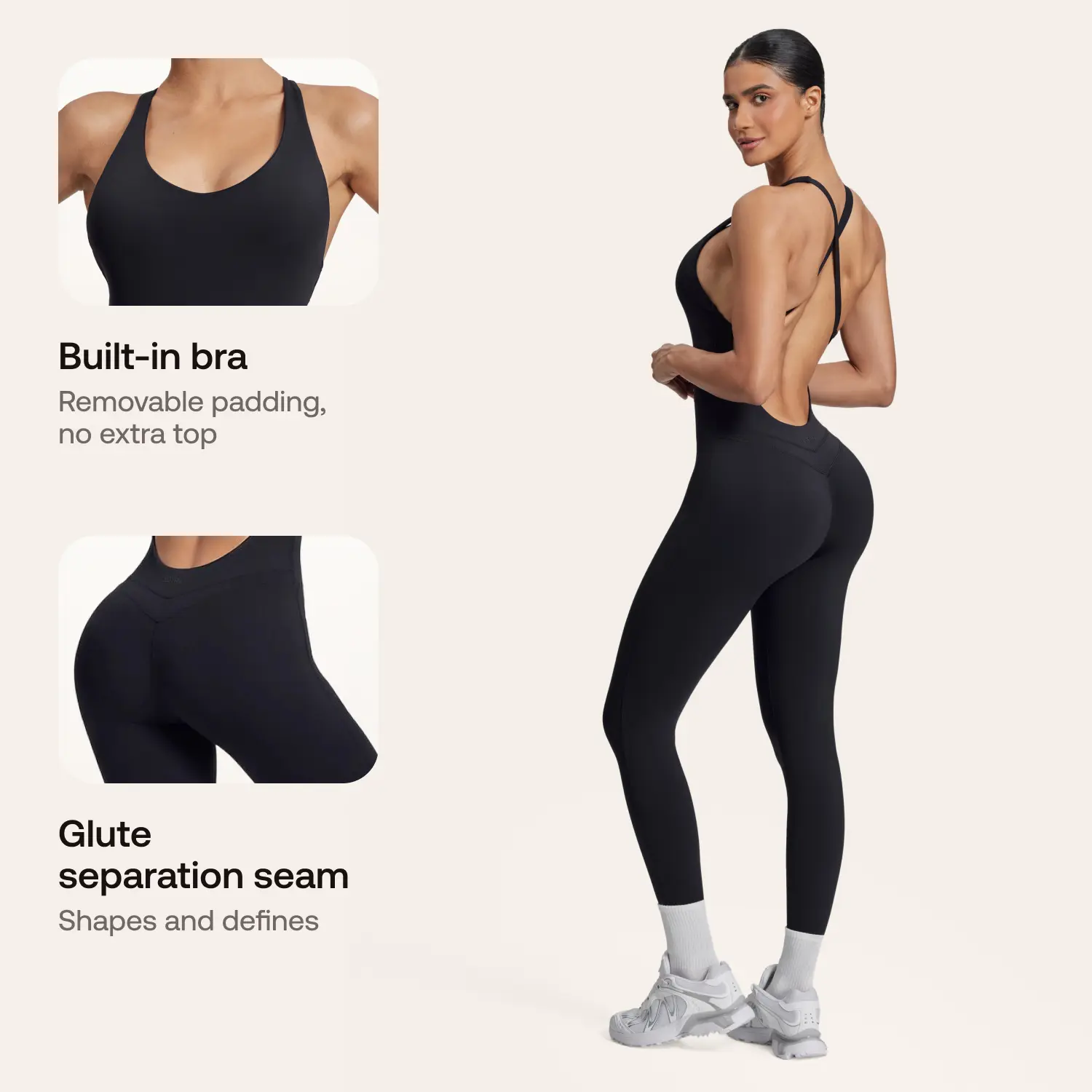 BetterMe Women's Multi-Size Black Halter-Neck Crossback Bodysuit with Built-In Bra, Breathable Sweat-Wicking, Fitted, Smooth, Confidence-Lifting, Activewear Clothing with Glute Separation Seamline for Gym Fitness