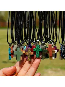 30PCS Natural Stone Cross Chakra Pendant Necklace Set Grunge Cross Necklace with Black Leather Cord DIY Jewelry Making Kit for Christmas Easter Birthday Gift (30 Pendants + 30 Chains)