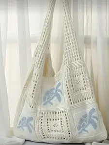 Women's Summer Beach Handbag, Turtle Pattern Crochet Design, Large Capacity Open Top Bag, Polyester, Casual Outdoors, Boho Style, Beach Bags