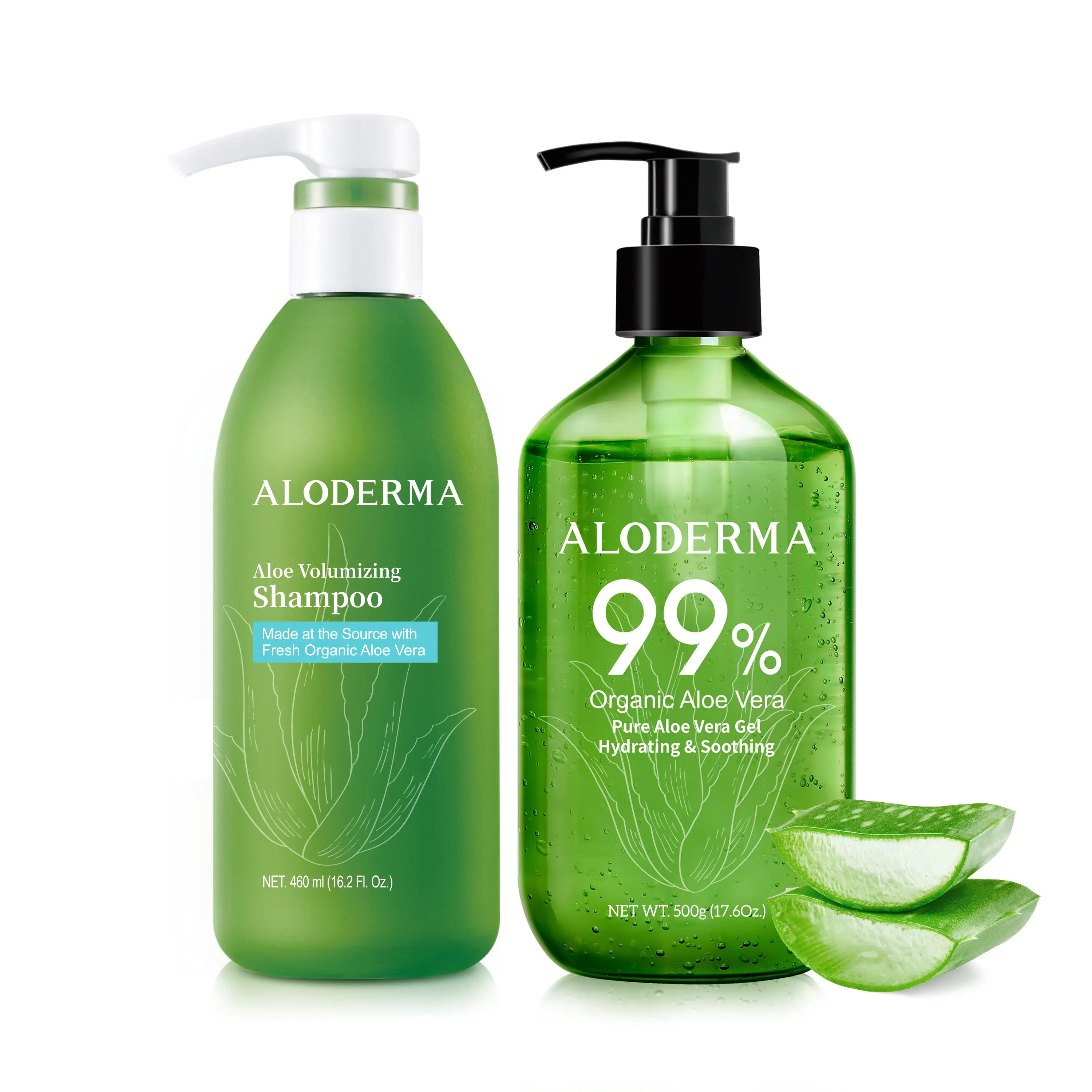 Aloderma Organic Aloe Hair & Body Care Set - Haircare Cleanser, Volumizing Lightweight Natural Extract Shampoo, 500g Aloe Vera Gel, Moisturizing Shampoo, Deep Hydrating Shampoo