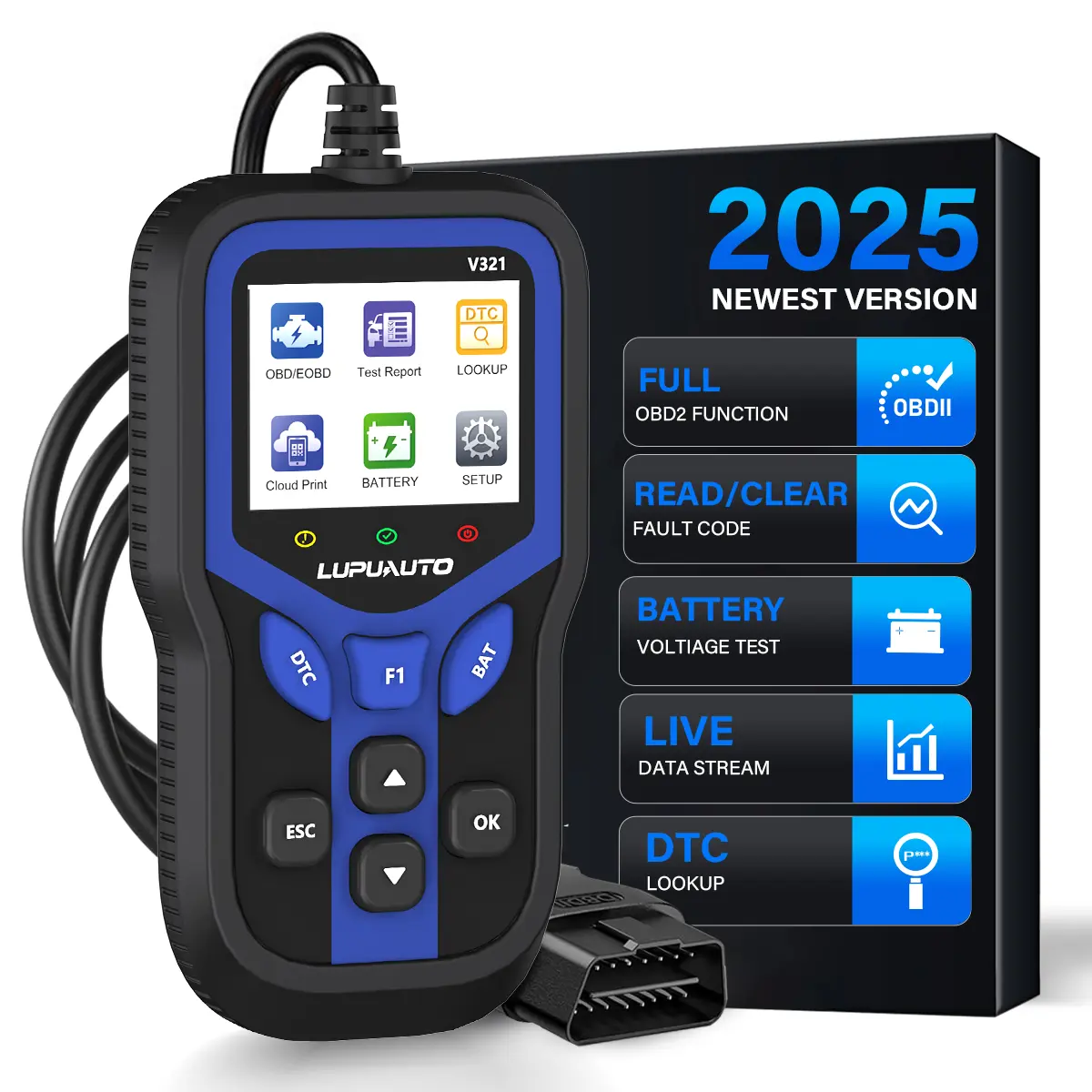 LUPUAUTO OBDII Diagnostic Code Reader & Scanner - Car Battery Tester, Engine Fault Light Reset, Emission Readiness Status Check, Fault Code Query, Portable Car Jumper Starter with LED Lights, Obdii Diagnostic Code Readers & Scanners