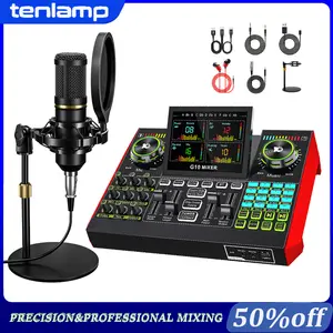 Tenlamp Podcast Microphone Kit, featuring a 3.5mm condenser microphone and a portable live sound card audio mixer, ideal for PC/mobile live streaming, singing, gaming, and voice-changing applications. Plug-and-play podcast studio kit