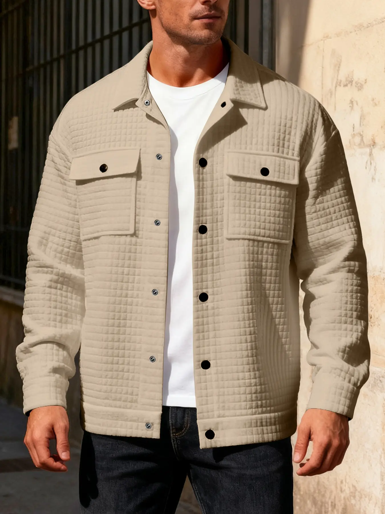 Men's outdoor plain simple lapel buttoned waffle weave workwear Long Sleeve Pocket jacket, with a fashionable and versatile design, suitable for daily wear, urban commuting and activities, etc., suitable for daily casual wear in autumn and winter. Coats