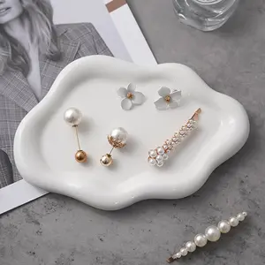 Aesthetic Ceramic Jewelry Dish - White Cloud Trinket Tray & Wavy Ring Holder for Dresser | Modern Irregular Catchall for Keys, Perfume, Candles | Minimalist Decorative Vanity Tray for Nightstand, Entryway