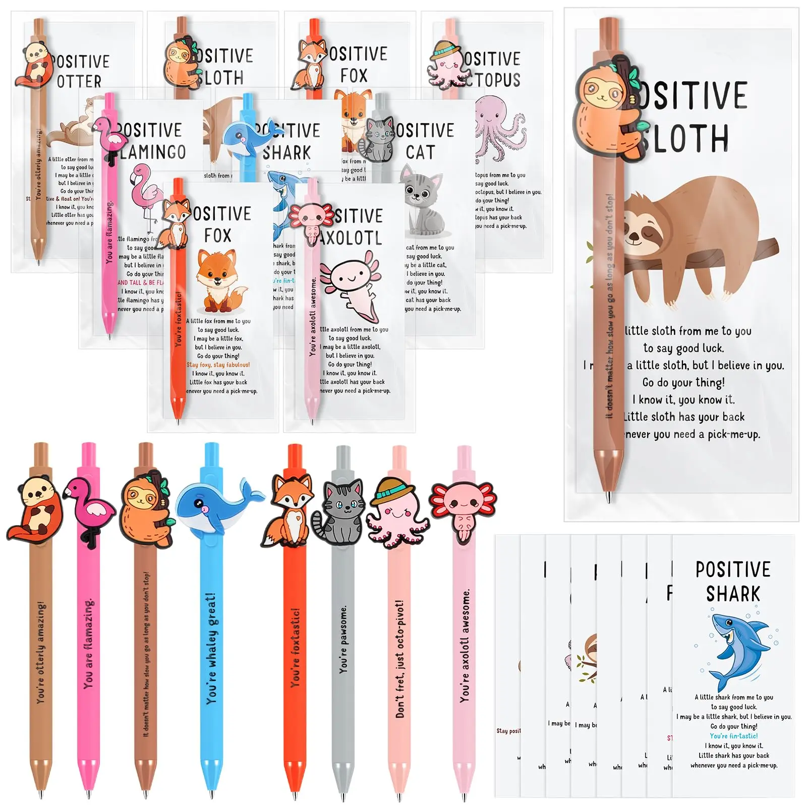 16/32 Sets Animal Design Positive Ballpoint Pens with Inspirational Cards Employee Appreciation Gifts Emotional Support for Coworker Nurse Teacher Student Back to School Gifts Class Exchange Party Favors Office School Supplies