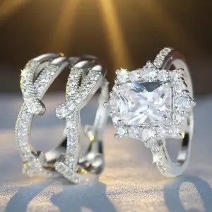 2-Piece Princess-Style Shiny Multi-Layer Square Couple Rings Synthetic Cubic Zirconia Stackable Rings Bride Engagement Promise Wedding Anniversary Birthstone Rings Valentine's Day Christmas Gifts High-Quality Jewelry for Women