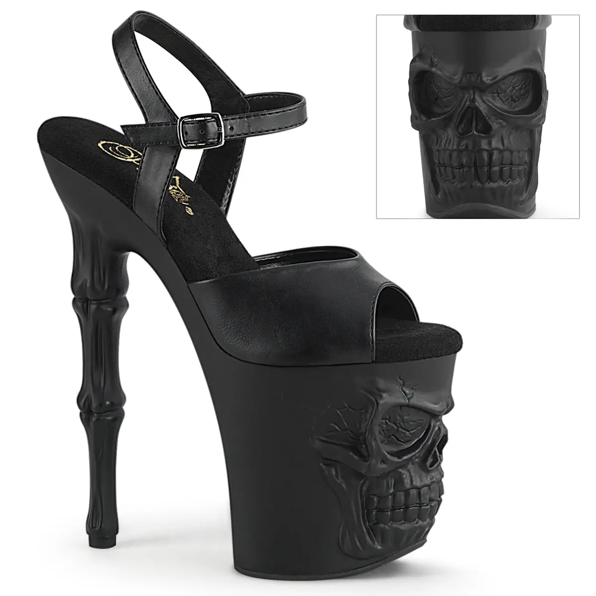 Women's Fashion 8-in Platform High Heels - RAPTURE-809 Black PU Footwear with Skull Accents