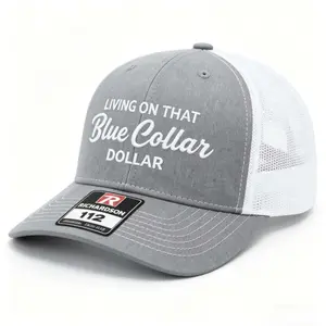 Richardson 112 Embroidered Trucker Hat - Grey & White Mesh Back, "Living On That Blue Collar Dollar" Design, Mens Hats for Working Men