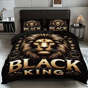 Three-piece bedding set Crown Lion Print (1 set +2 pillowcases, no core), personalized bedding, suitable for high-end bedrooms of various size to meet different needs, suitable for wildlife lovers Bedding Quilt Set