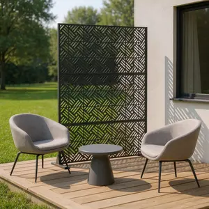 360 stand 3-Panel Free Standing Translucent Room Divider, Crosshatch Design, Black Steel Frame, 72 in x 47 in x 4.92 in, Three Panels