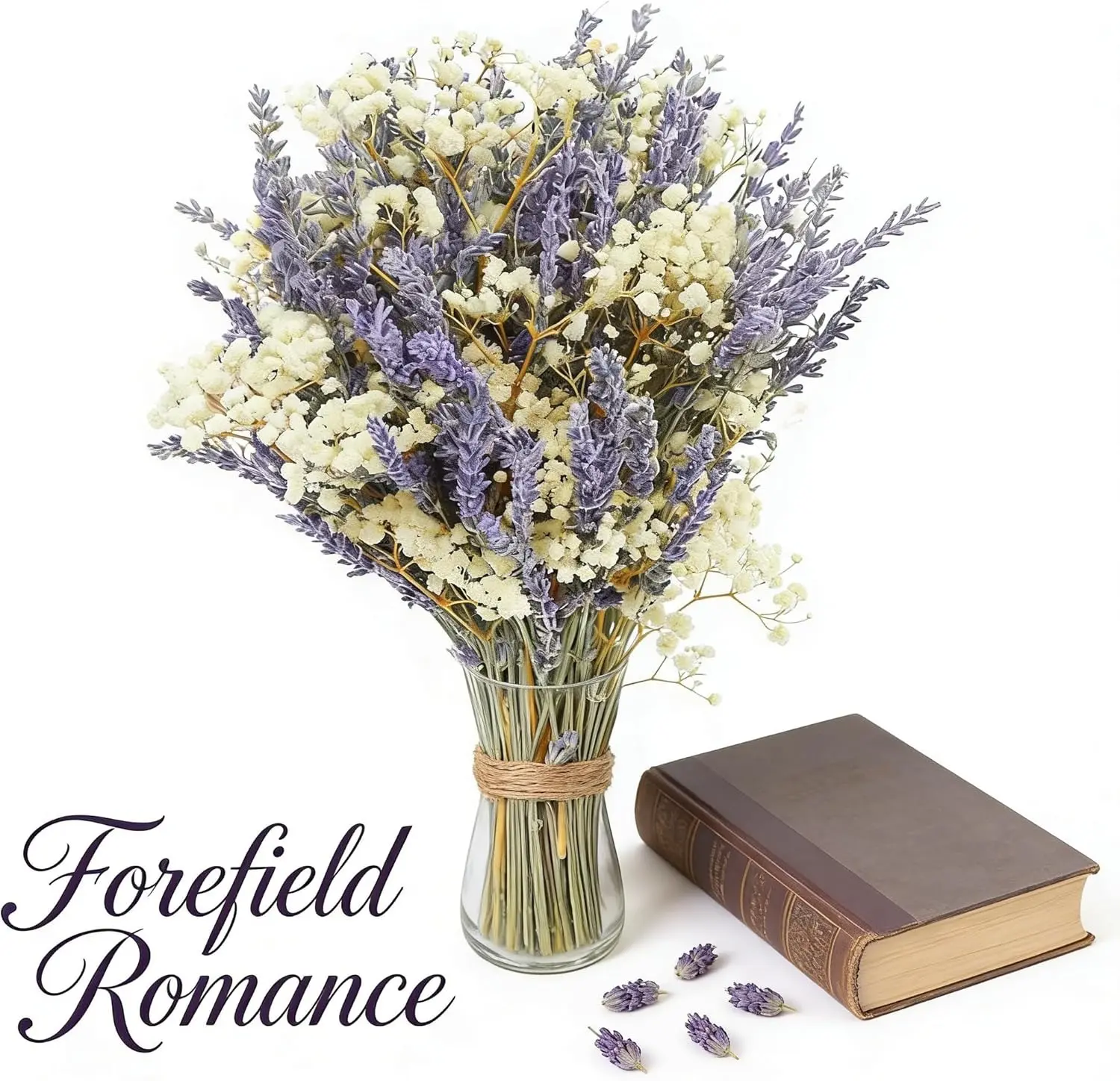 16" Eco-Friendly Natural Dried Lavender & Baby's Breath 2-Bundle Decorative Bouquet - Minimalist Farmhouse Decor, Wedding/Mother's Day Gift, Kitchen Vase Filler, DIY Supply (Gift-Ready Box)