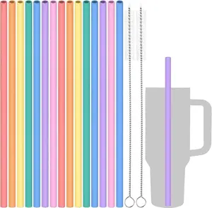 Tomorotec 15PCS Reusable Silicone Drinking Straws w/ 2 Brushes, Fit for Stanley Tumbler 40oz 30oz 20oz, 12" Long Customizable for Various Bottles Cup