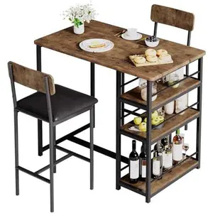 3 Piece Farmhouse Bar Table Set for 2, Space Saving Counter Height Dining Table with Storage Shelves & Upholstered Chairs, Dining Room Furniture for Breakfast Nook Kitchen, Vintage