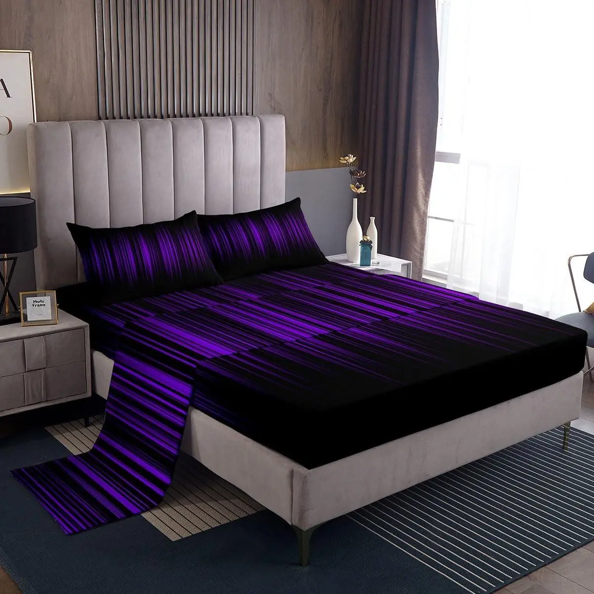 Purple and Black Sheets with Deep Pocket Fitted Sheet,Abstract Ombre Bed Sheets Set Gradient Purple Lines Sheet Set Purple Black Gradient Bedding Set