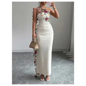 Floral Bodycon Maxi Dresses Elegant Classy Summer Backless Strapless Sundress with Scarf