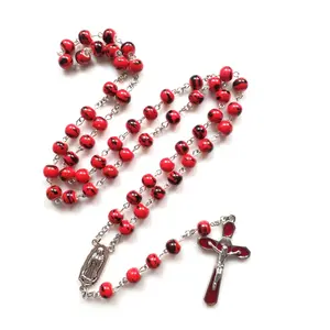 Red Ceramic Bead Cross Rosary Necklaces Bead Hangable Pendant