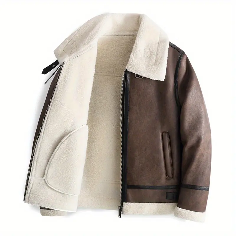 TNZI Men's American Retro Lambskin PU Leather Coat - Longsleeves, Zipper Front, Large Lapel, Loose Warm Autumn Winter Motorcycle Workwear Jacket, Casual Versatile Menswear Top